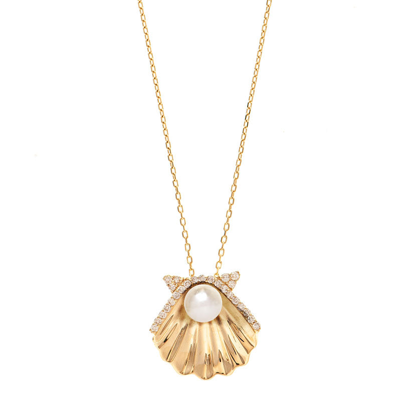 14kt Yellow Gold Scallop Shell Necklace with Cultured Pearl
