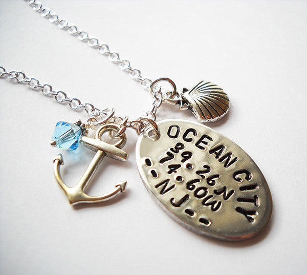 Ocean City Pewter Oval Necklace with Anchor and Shell Charm