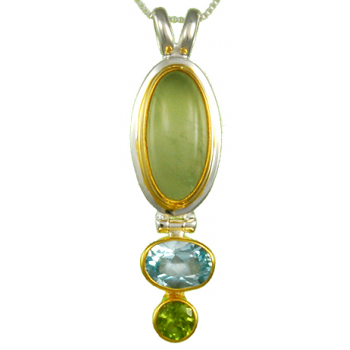 STERLING PENDANT WITH PREHNITE, BLUE TOPAZ, AND PERIDOT EARRINGS